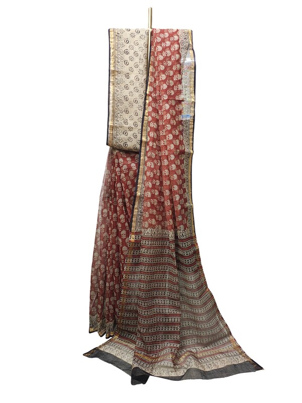 Maroon Kota Doria Hand Block Print Saree for Women