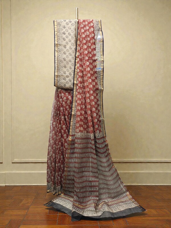 Maroon Kota Doria Hand Block Print Saree for Women
