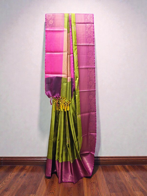 Olive Green Banarasi Silk Saree with Unstitched Blouse