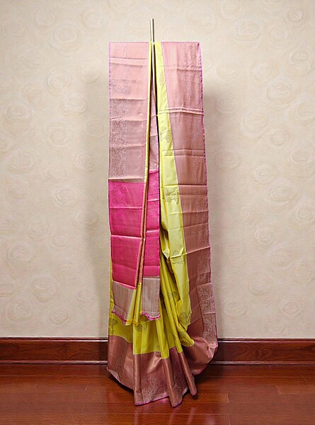 Mustard & Pink Banarasi Silk Saree with Unstitched Blouse