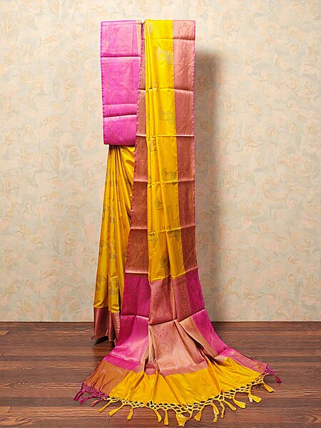 Yellow Banarasi Silk Saree with Unstitched Blouse
