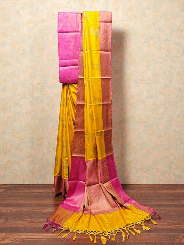 Yellow Banarasi Silk Saree with Unstitched Blouse