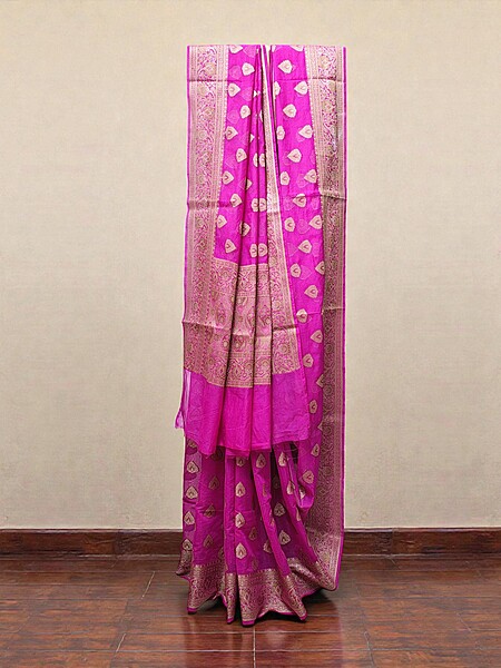 Dark Pink Banarasi Silk Zari Saree with Unstitched Blouse