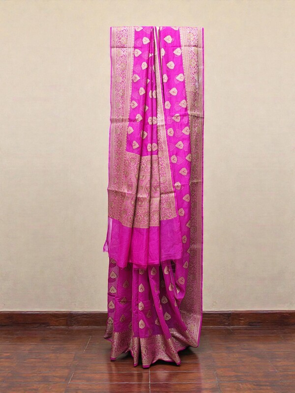 Dark Pink Banarasi Silk Zari Saree with Unstitched Blouse