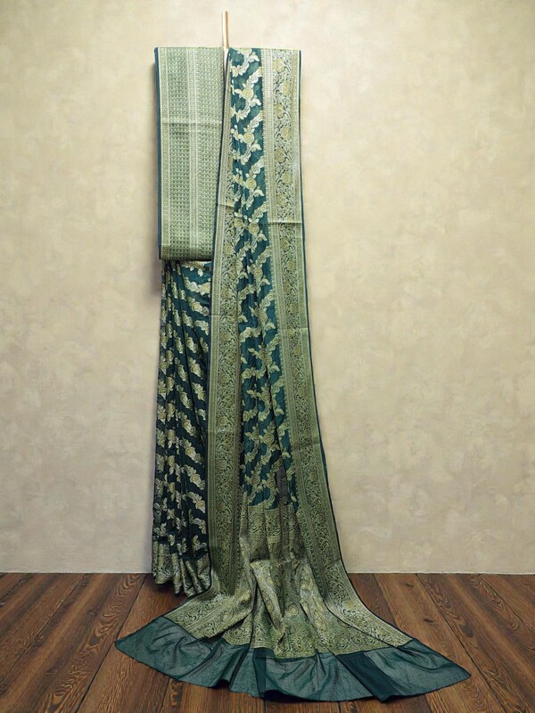 Green Banarasi Silk Golden Zari Saree with Unstitched Blouse