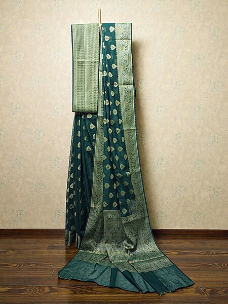 Dark Green Banarasi Silk Golden Zari Saree with Unstitched Blouse