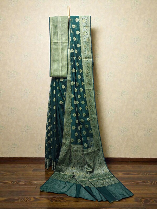 Dark Green Banarasi Silk Golden Zari Saree with Unstitched Blouse