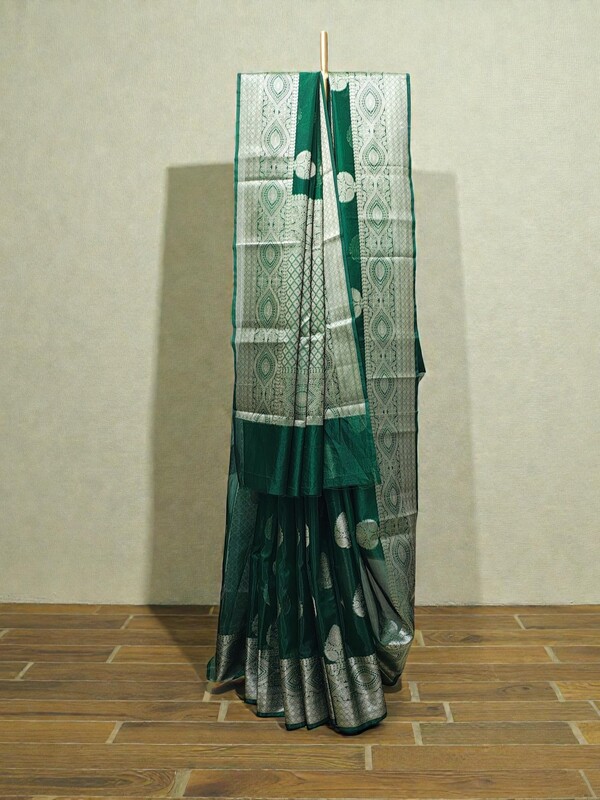Dark Green Banarasi Silk Zari Saree with Unstitched Blouse