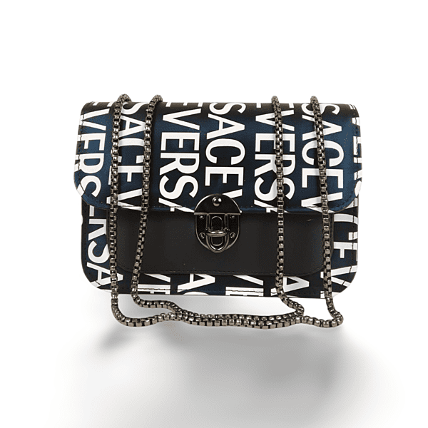 Black and White Logo Print Crossbody Bag with Chain Strap