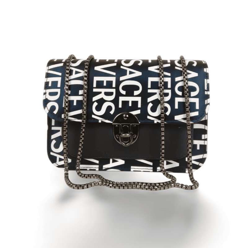 Black and White Logo Print Crossbody Bag with Chain Strap