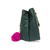 Dark Green Quilted Handbag with Pink Fur Charm