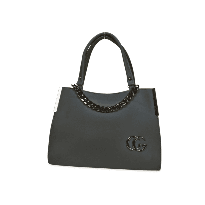 Charcoal Grey Structured Handbag with Metal Chain Detail