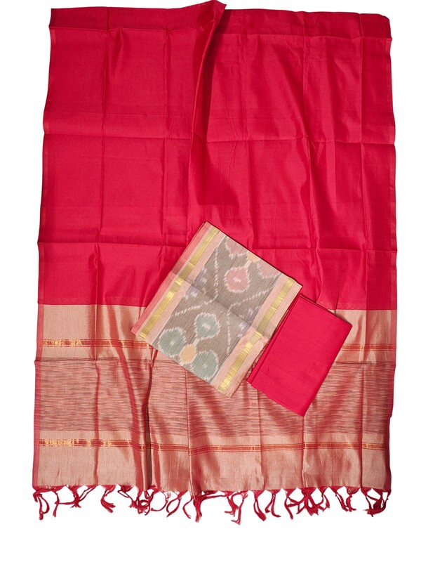 Peach Pochampally Ikkat Silk Unstitched Suit Set