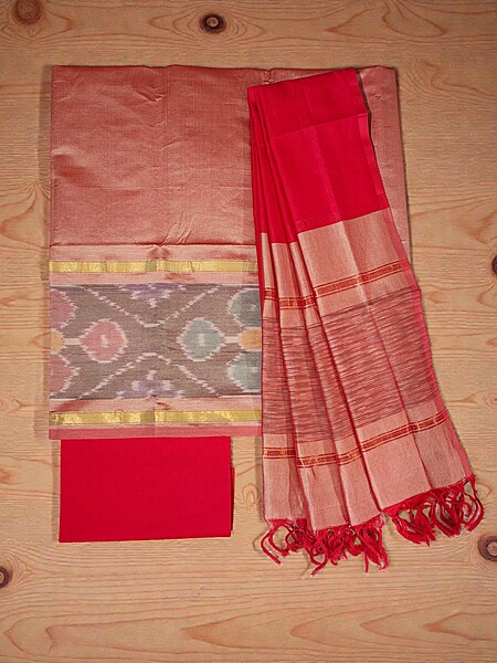 Peach Pochampally Ikkat Silk Unstitched Suit Set