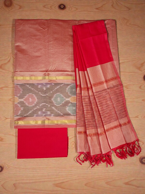 Peach Pochampally Ikkat Silk Unstitched Suit Set