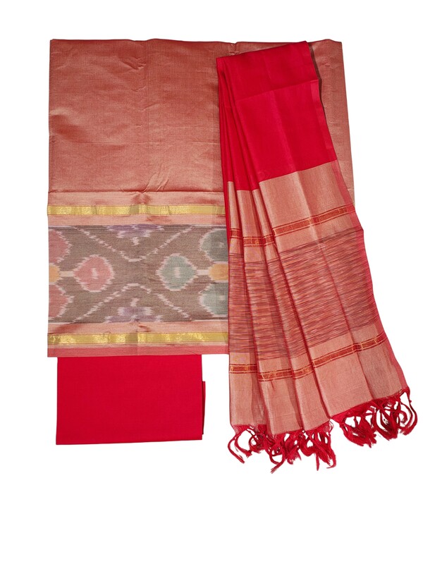 Peach Pochampally Ikkat Silk Unstitched Suit Set