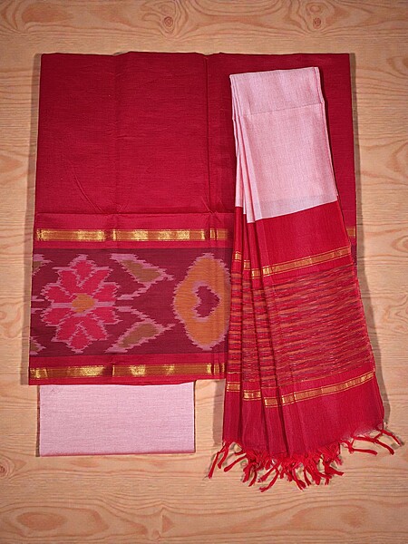 Red Pochampally Ikkat Silk Unstitched Suit Set