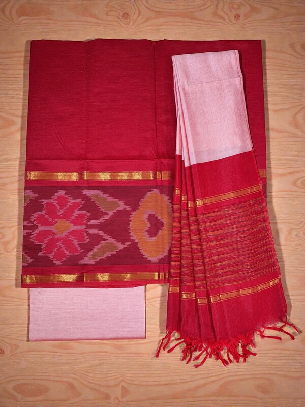 Red Pochampally Ikkat Silk Unstitched Suit Set