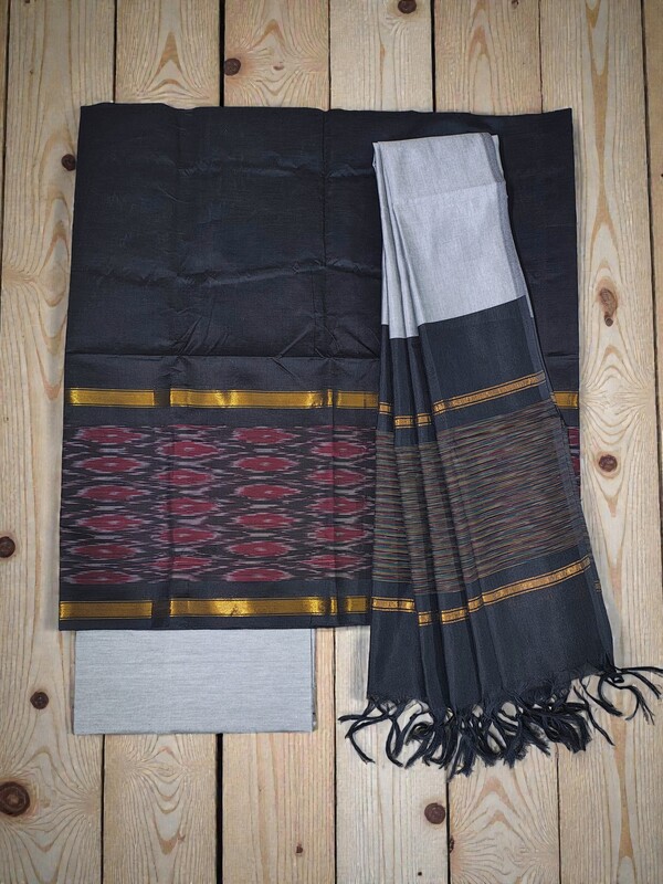 Black Pochampally Ikkat Silk Unstitched Suit Set