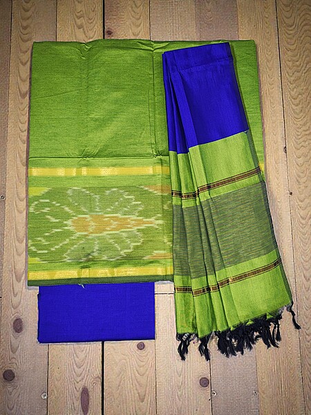 Green & Blue Pochampally Ikkat Silk Unstitched Suit Set