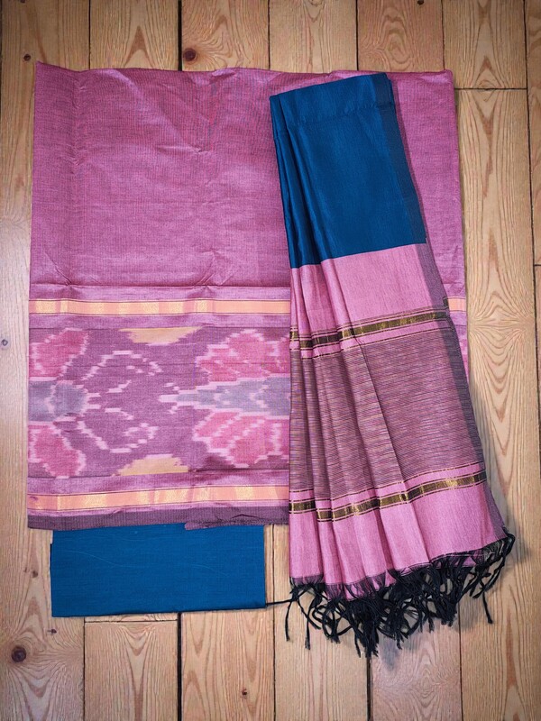 Plum Pochampally Ikkat Silk Dress Material with Dupatta