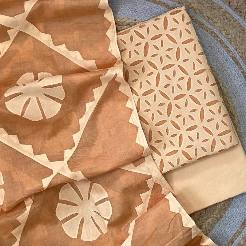 Handcrafted Barmeri Applique Cut-Work Unstitched Suit Set – Natural Dyed Cotton | 1001