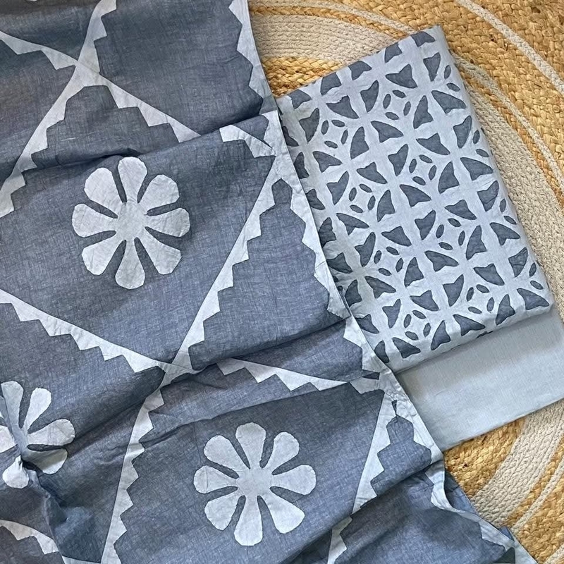 Handcrafted Barmeri Applique Cut-Work Unstitched Suit Set – Natural Dyed Cotton | 1009