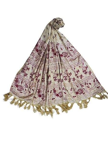 Wine Madhubani Print Dupion Silk Dupatta