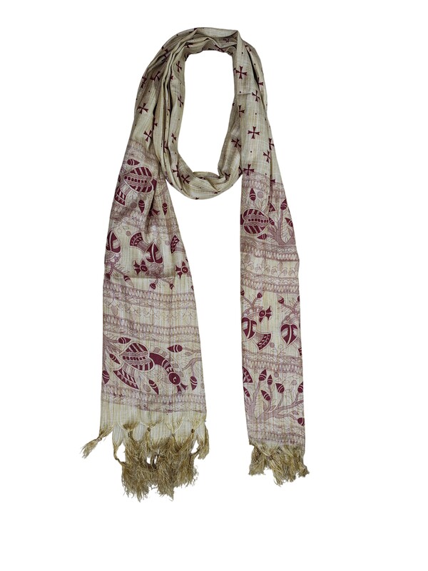 Wine Madhubani Print Dupion Silk Dupatta