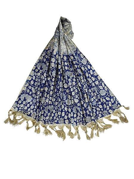 Blue Kalamkari Print Cotton Silk Dupatta