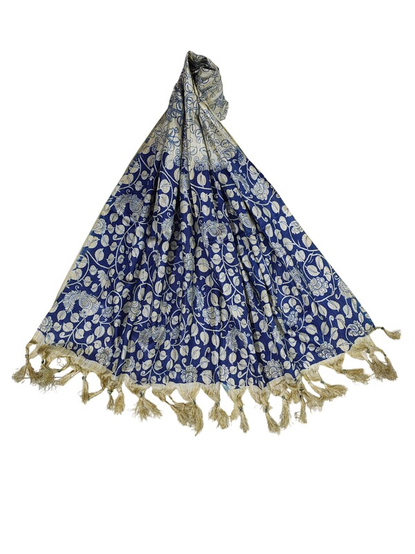 Blue Kalamkari Print Cotton Silk Dupatta