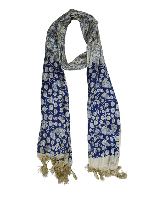 Blue Kalamkari Print Cotton Silk Dupatta