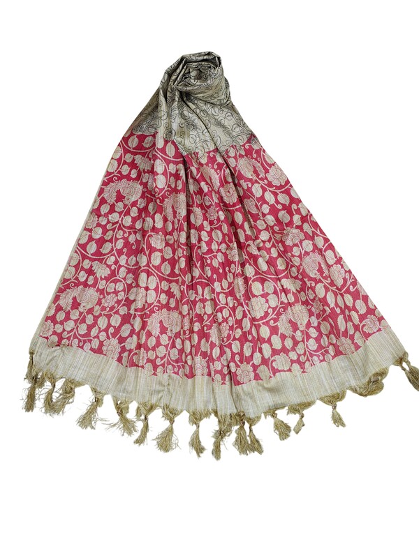 Red Kalamkari Print Cotton Silk Dupatta