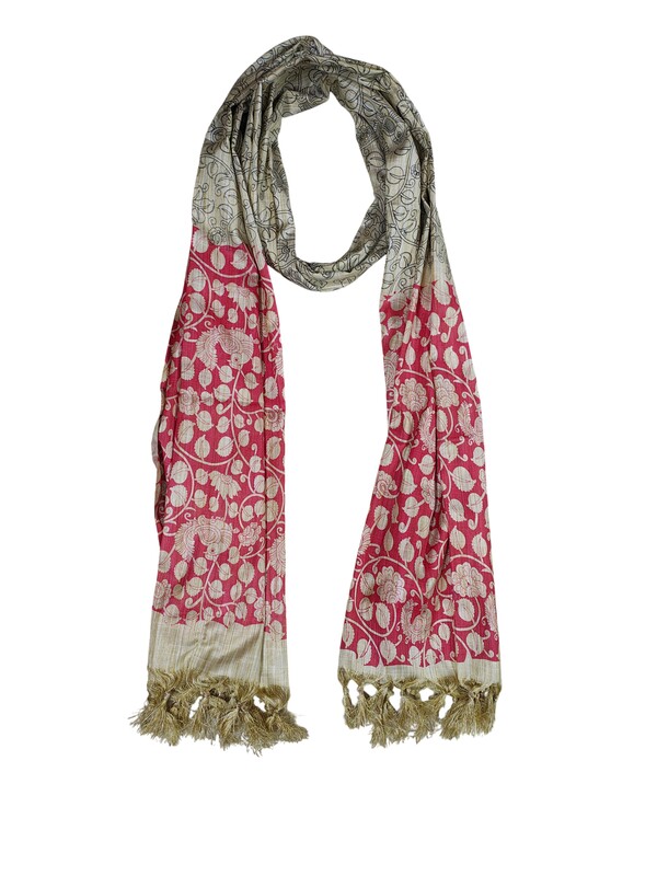 Red Kalamkari Print Cotton Silk Dupatta