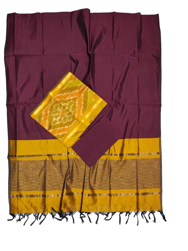 Beige & Maroon Pochampally Ikkat Silk Unstitched Suit Set