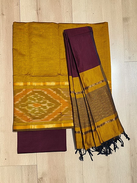 Beige & Maroon Pochampally Ikkat Silk Unstitched Suit Set