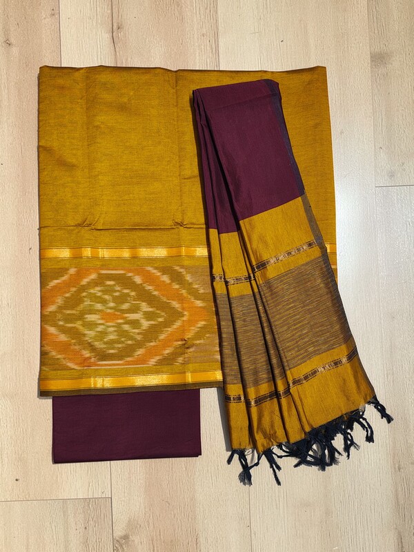 Beige & Maroon Pochampally Ikkat Silk Unstitched Suit Set