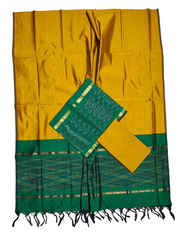 Green & Mustard Pochampally Ikkat Silk Dress Material with Dupatta
