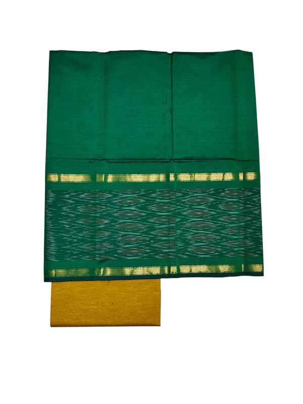 Green & Mustard Pochampally Ikkat Silk Dress Material with Dupatta
