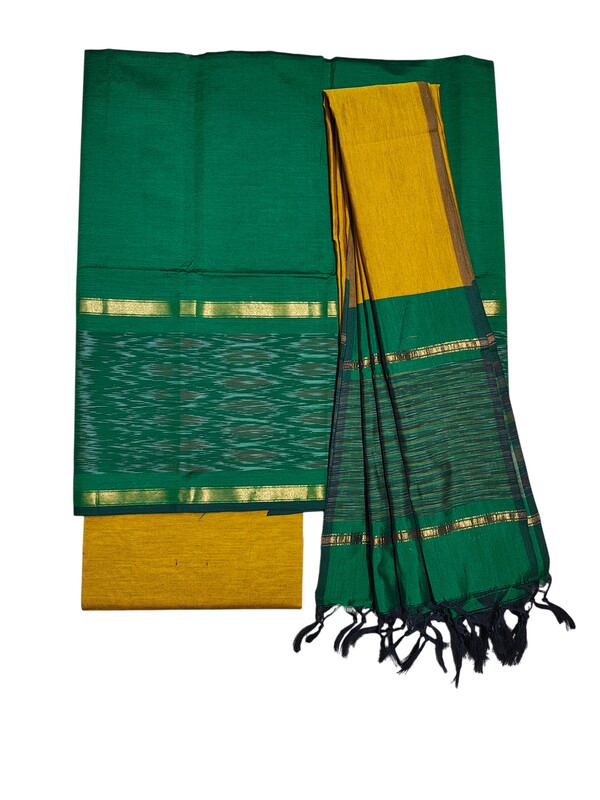 Green & Mustard Pochampally Ikkat Silk Dress Material with Dupatta
