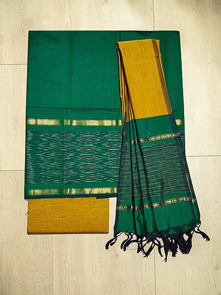 Green & Mustard Pochampally Ikkat Silk Dress Material with Dupatta