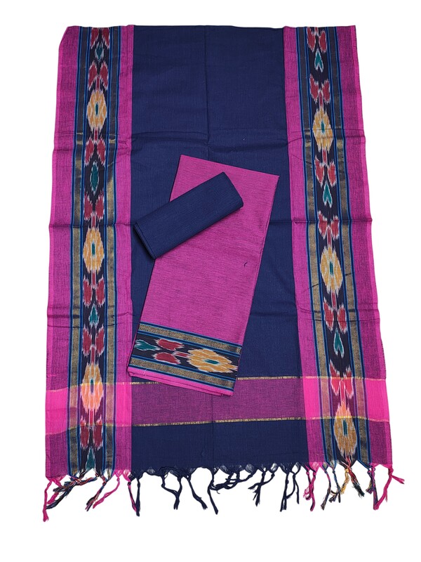 Dark Pink Mangalagiri Cotton Unstitched Salwar Suit with Ikkat Border for Women