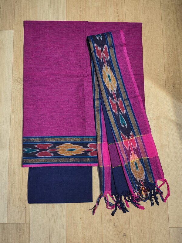 Dark Pink Mangalagiri Cotton Unstitched Salwar Suit with Ikkat Border for Women