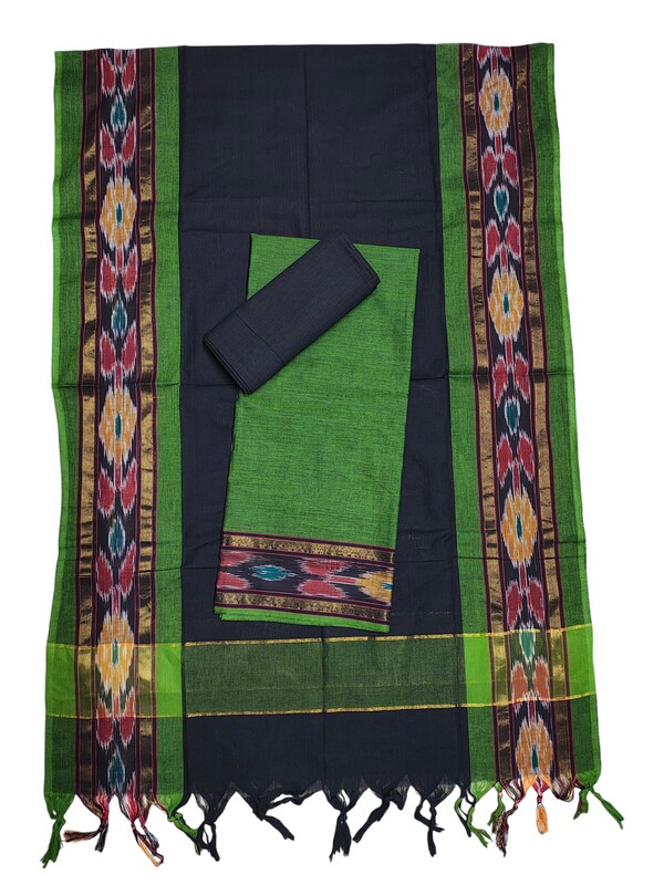 Olive Green Mangalagiri Cotton Unstitched Salwar Suit with Ikkat Border for Women