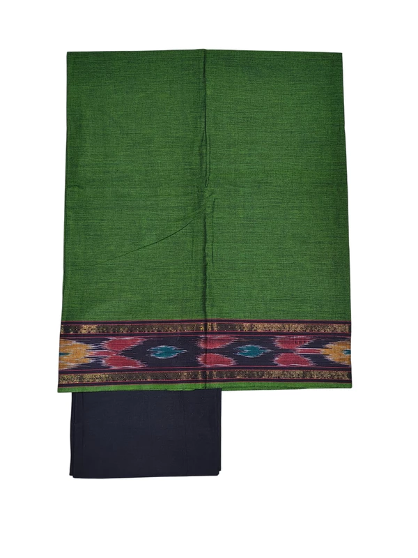 Olive Green Mangalagiri Cotton Unstitched Salwar Suit with Ikkat Border for Women