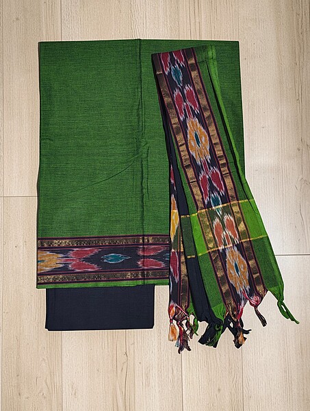 Olive Green Mangalagiri Cotton Unstitched Salwar Suit with Ikkat Border for Women