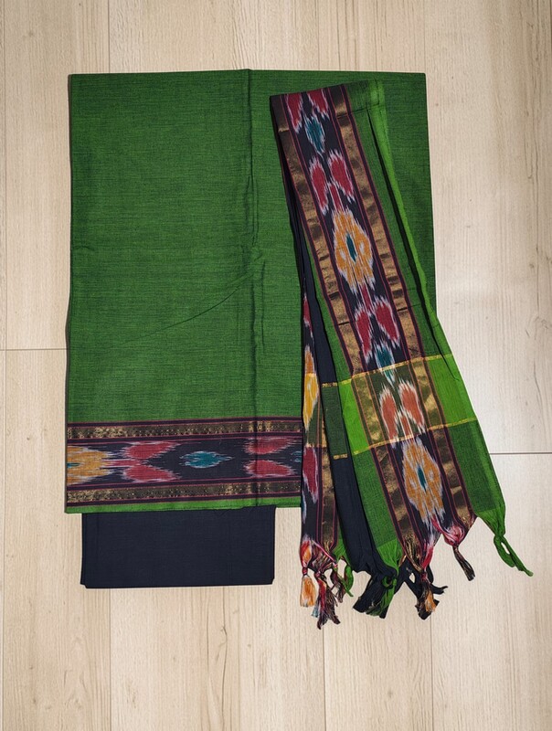 Olive Green Mangalagiri Cotton Unstitched Salwar Suit with Ikkat Border for Women