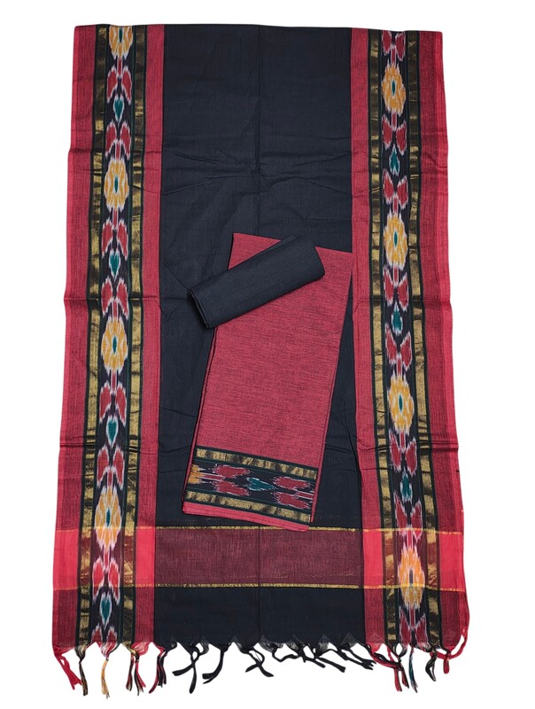 Maroon & Black Handloom South Cotton Solid Unstitched Salwar Suit Set with Dupatta for Women