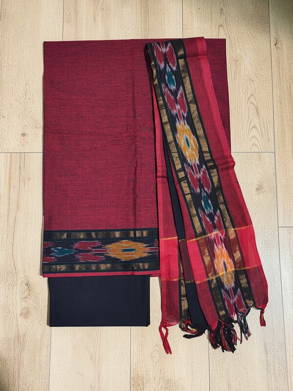 Maroon & Black Handloom South Cotton Solid Unstitched Salwar Suit Set with Dupatta for Women