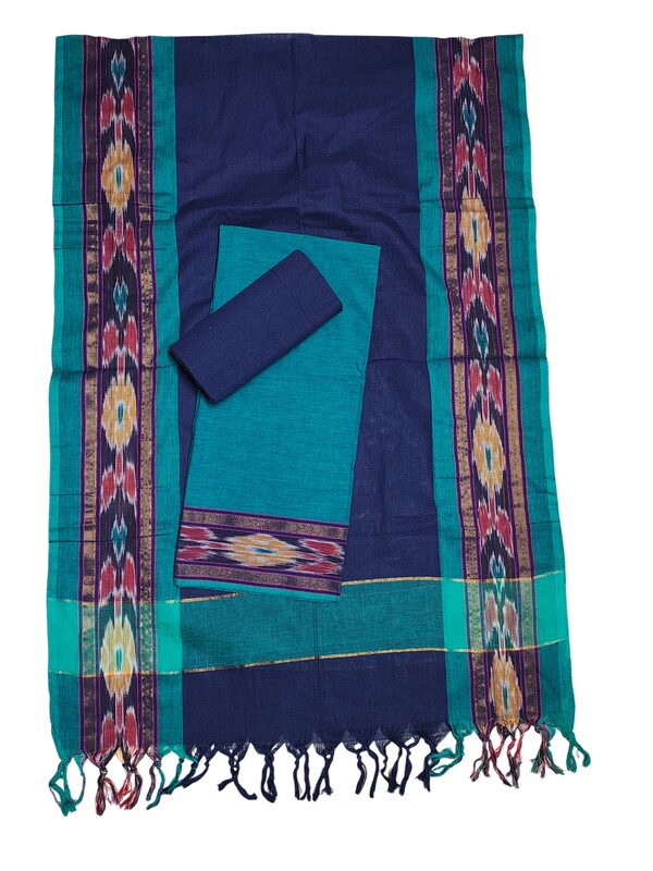 Peacock Green Mangalagiri Cotton Unstitched Salwar Suit with Ikkat Border for Women